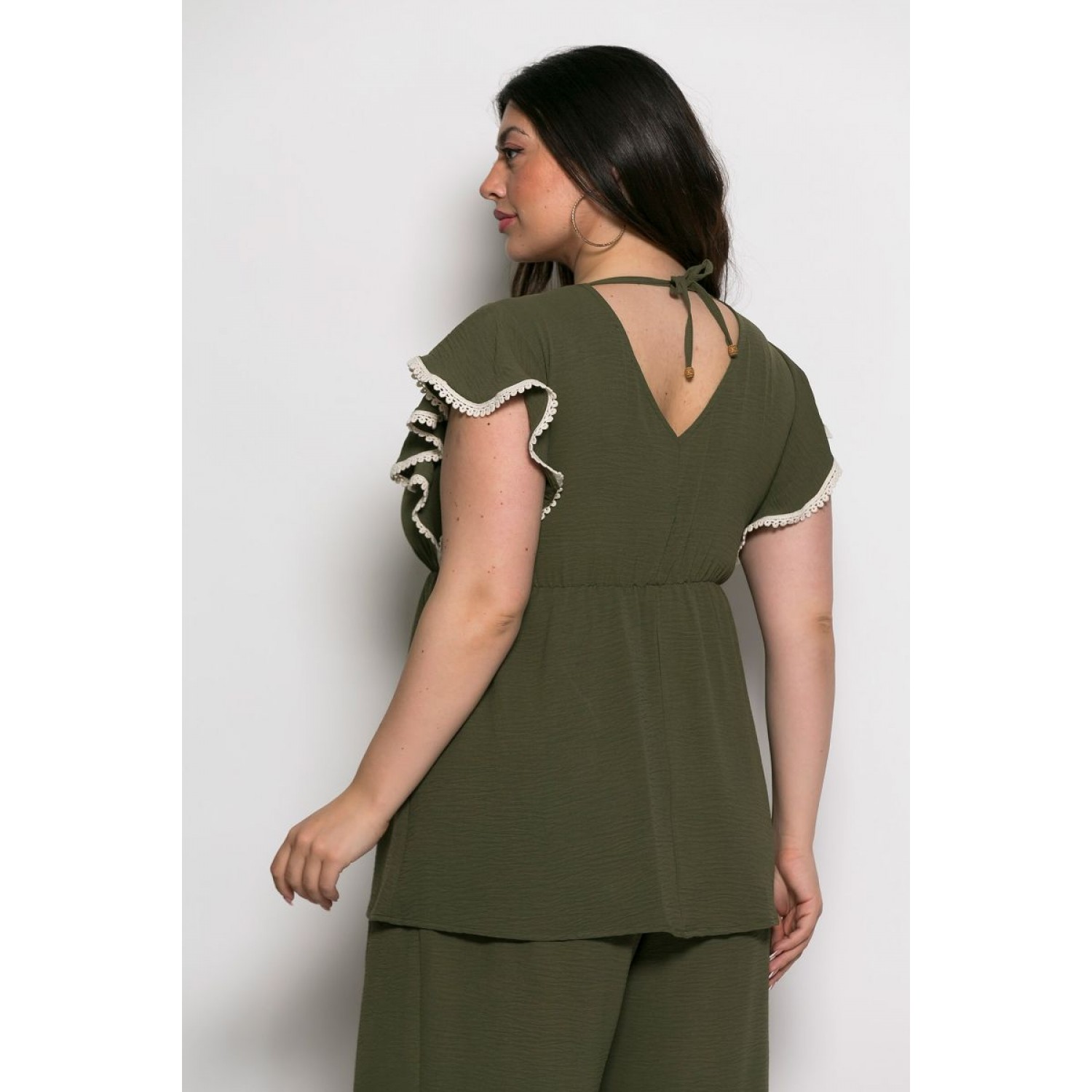 Plus Size Μπλούζα Με Δαντέλα Χακί