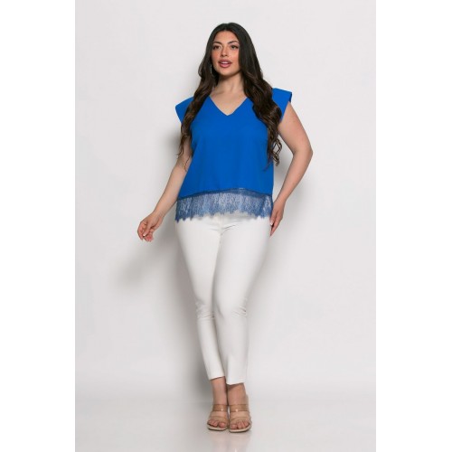 Plus Size Μπλούζα V Με Δαντέλα Ρουά