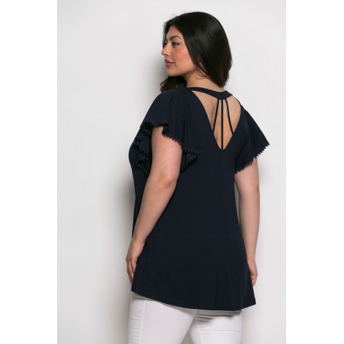 Plus Size Μπλούζα Με Άνοιγμα Πίσω Μπλε