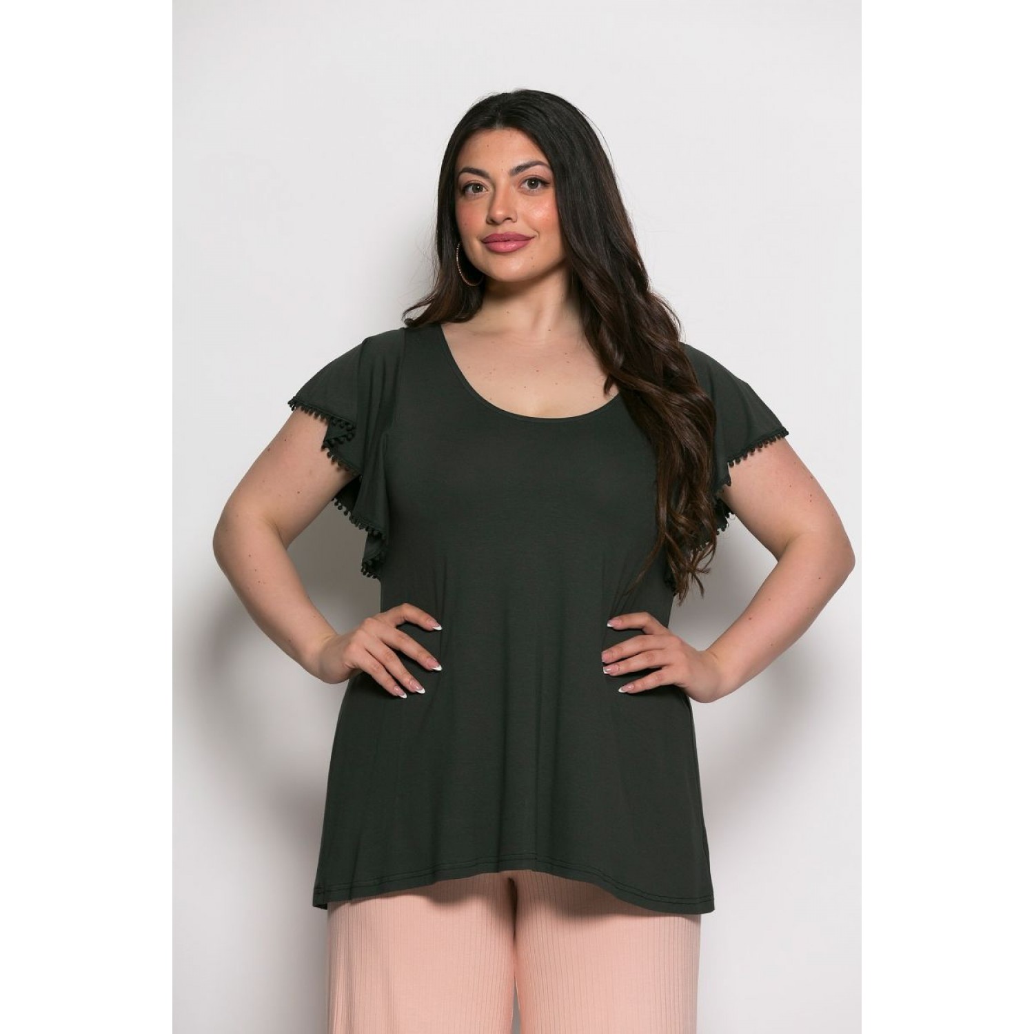 Plus Size Μπλούζα Με Άνοιγμα Πίσω Χακί