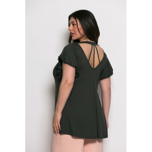 Plus Size Μπλούζα Με Άνοιγμα Πίσω Χακί