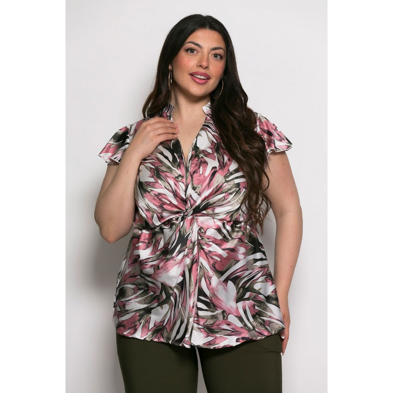 Plus Size Μπλούζα Σατέν Ροζ Χακί