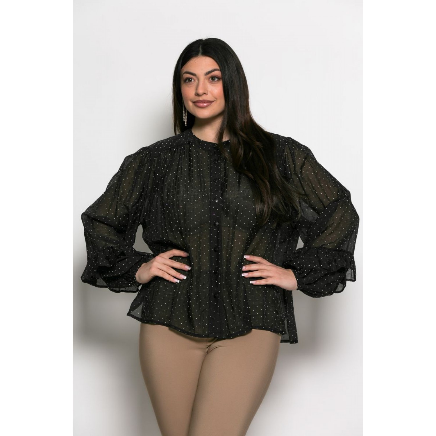 Plus Size Πουκάμισο Με Strass Μαύρο
