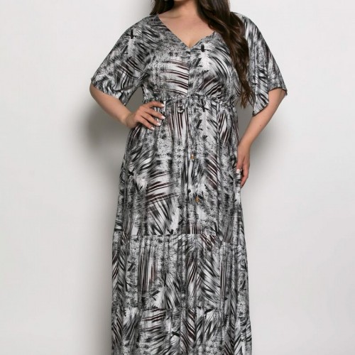 Plus Size Φόρεμα Καφτάνι Μαύρο Άσπρο