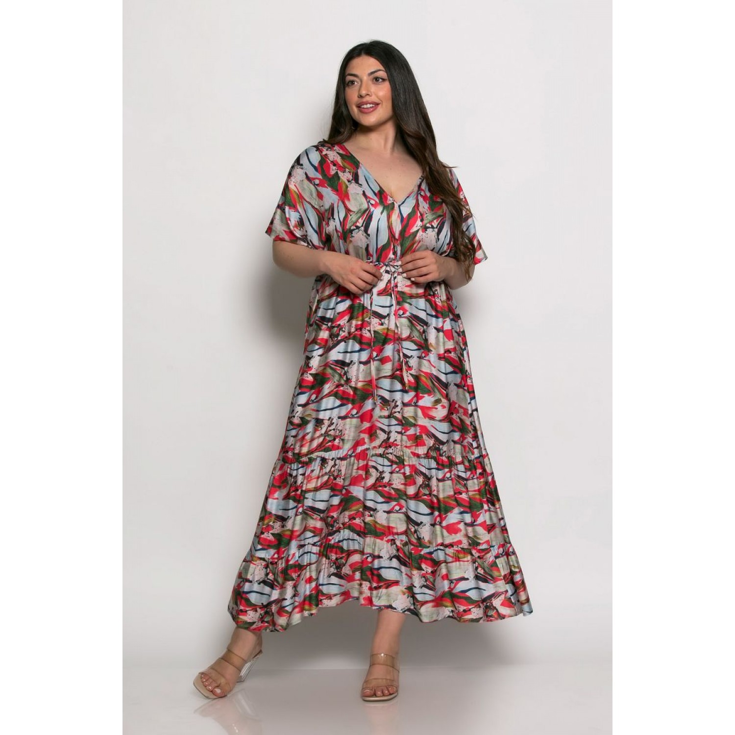 Plus Size Φόρεμα Καφτάνι Κόκκινο Εκρού