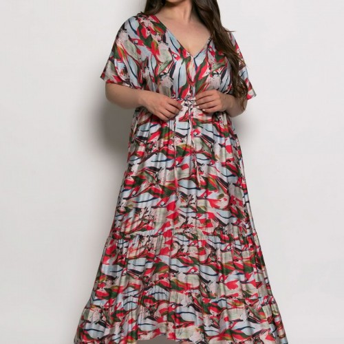 Plus Size Φόρεμα Καφτάνι Κόκκινο Εκρού