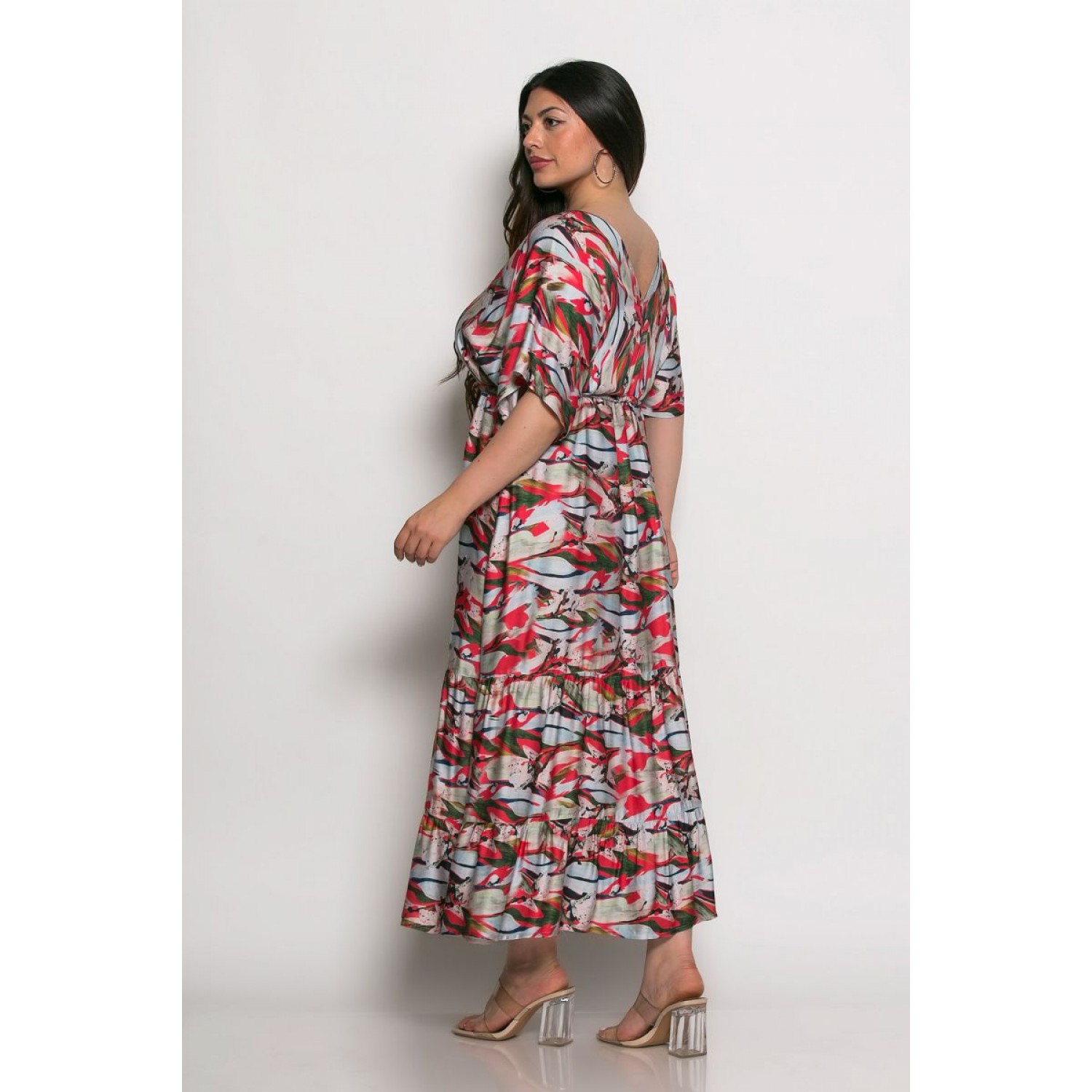 Plus Size Φόρεμα Καφτάνι Κόκκινο Εκρού