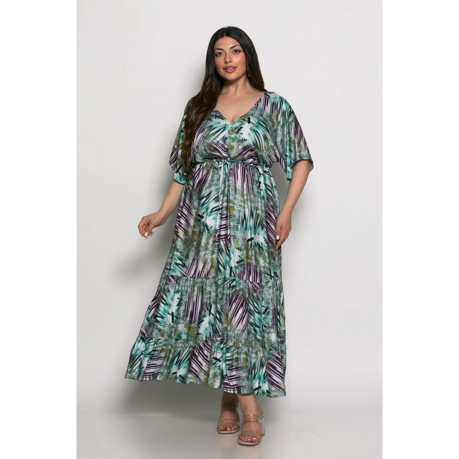 Plus Size Φόρεμα Καφτάνι Πράσινο Μωβ