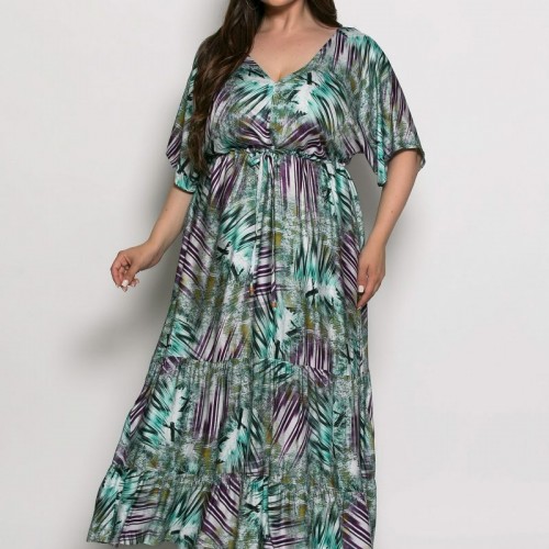 Plus Size Φόρεμα Καφτάνι Πράσινο Μωβ