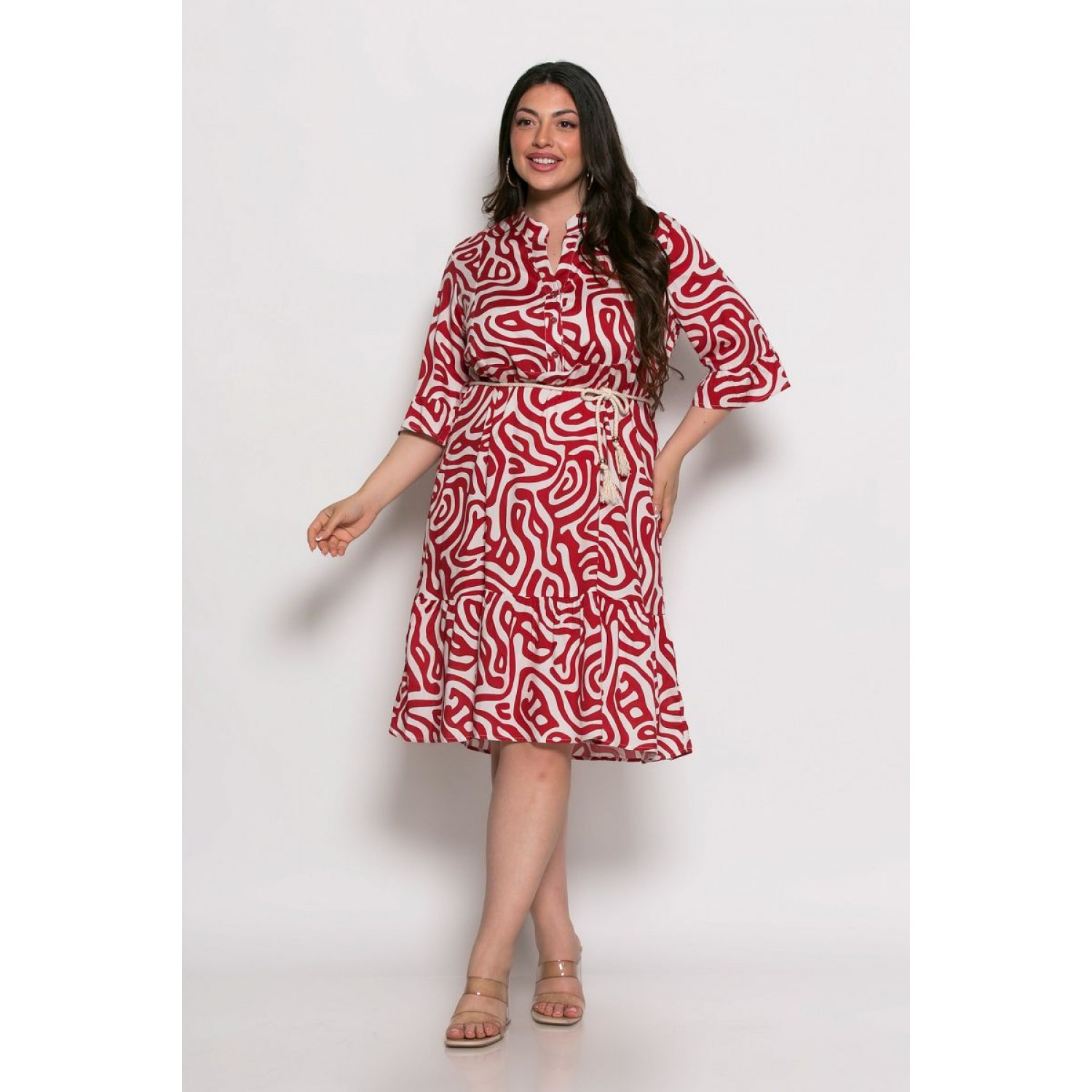 Plus Size Φόρεμα Με Βολάν Κόκκινο Εκρού