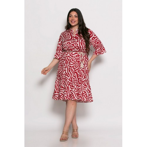 Plus Size Φόρεμα Με Βολάν Κόκκινο Εκρού