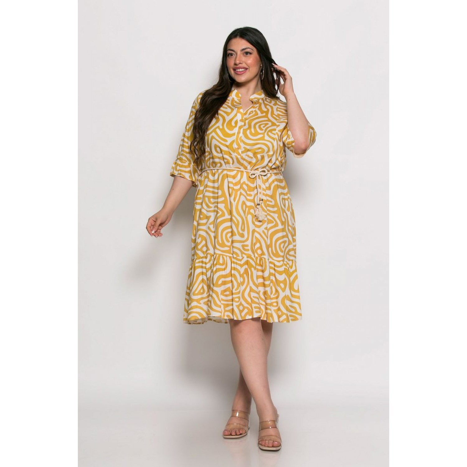 Plus Size Φόρεμα Με Βολάν Κίτρινο Εκρού