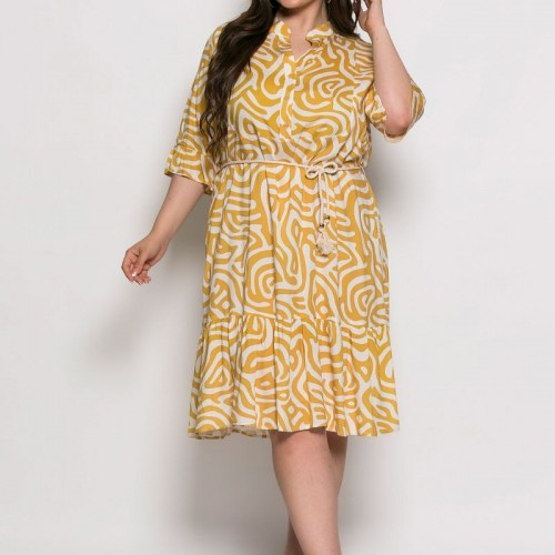 Plus Size Φόρεμα Με Βολάν Κίτρινο Εκρού