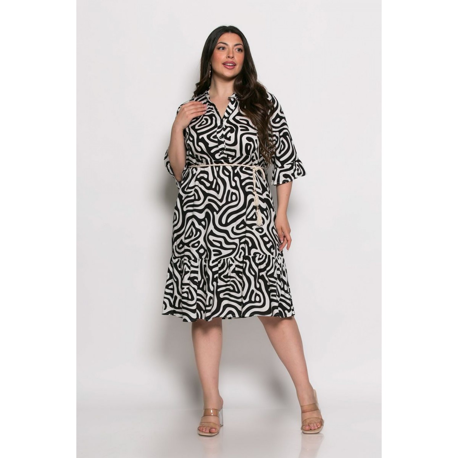 Plus Size Φόρεμα Με Βολάν Μαύρο Εκρού