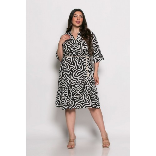 Plus Size Φόρεμα Με Βολάν Μαύρο Εκρού