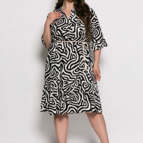 Plus Size Φόρεμα Με Βολάν Μαύρο Εκρού