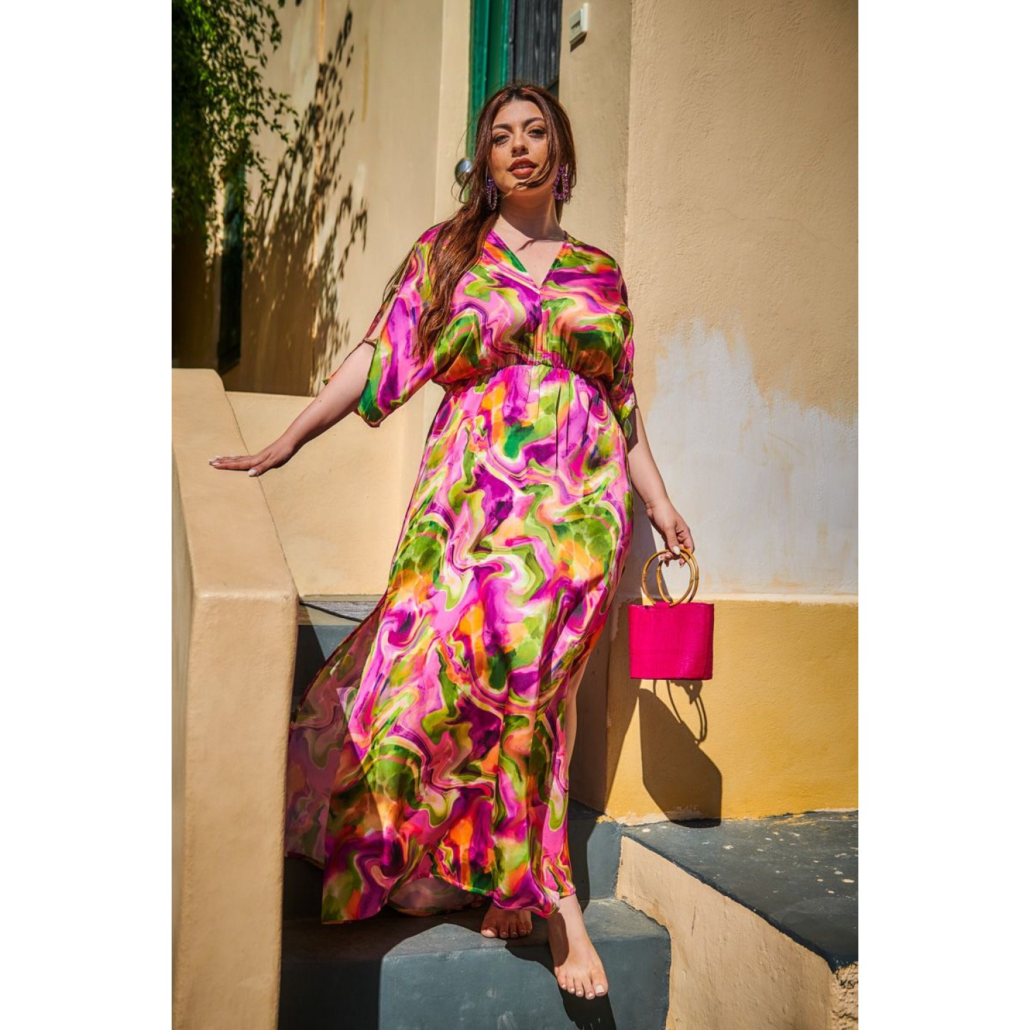 Plus Size Φόρεμα Σατέν Φούξια Lime