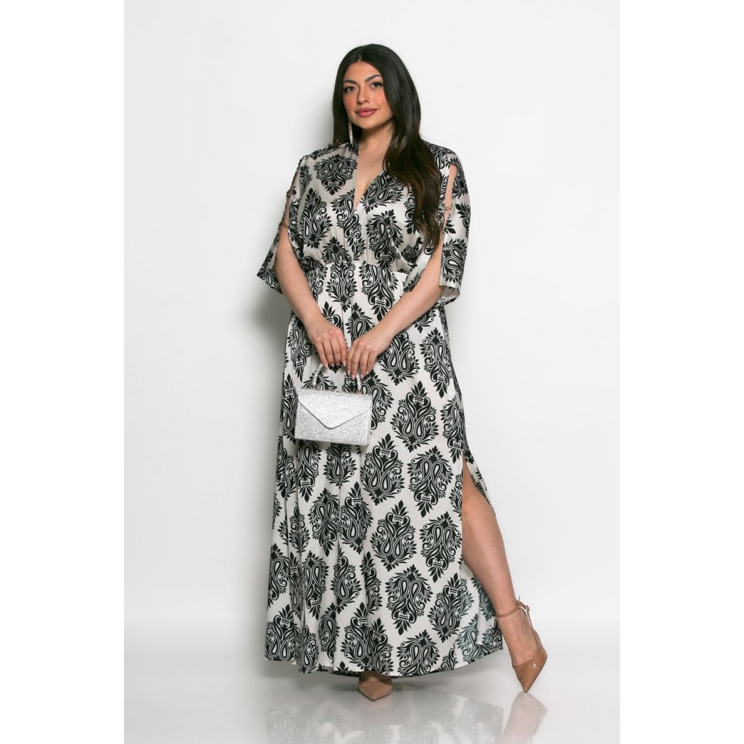 Plus Size Φόρεμα Σατέν Μαύρο Άσπρο Λαχούρια