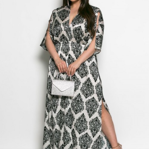 Plus Size Φόρεμα Σατέν Μαύρο Άσπρο Λαχούρια
