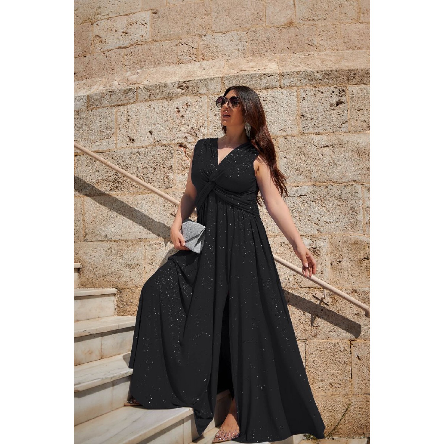 Plus Size Φόρεμα Αμάνικο Glitter Μαύρο