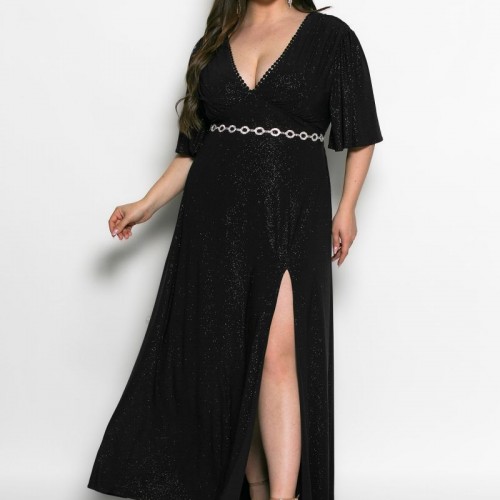 Plus Size Φόρεμα Ελαστικό Glitter Μαύρο