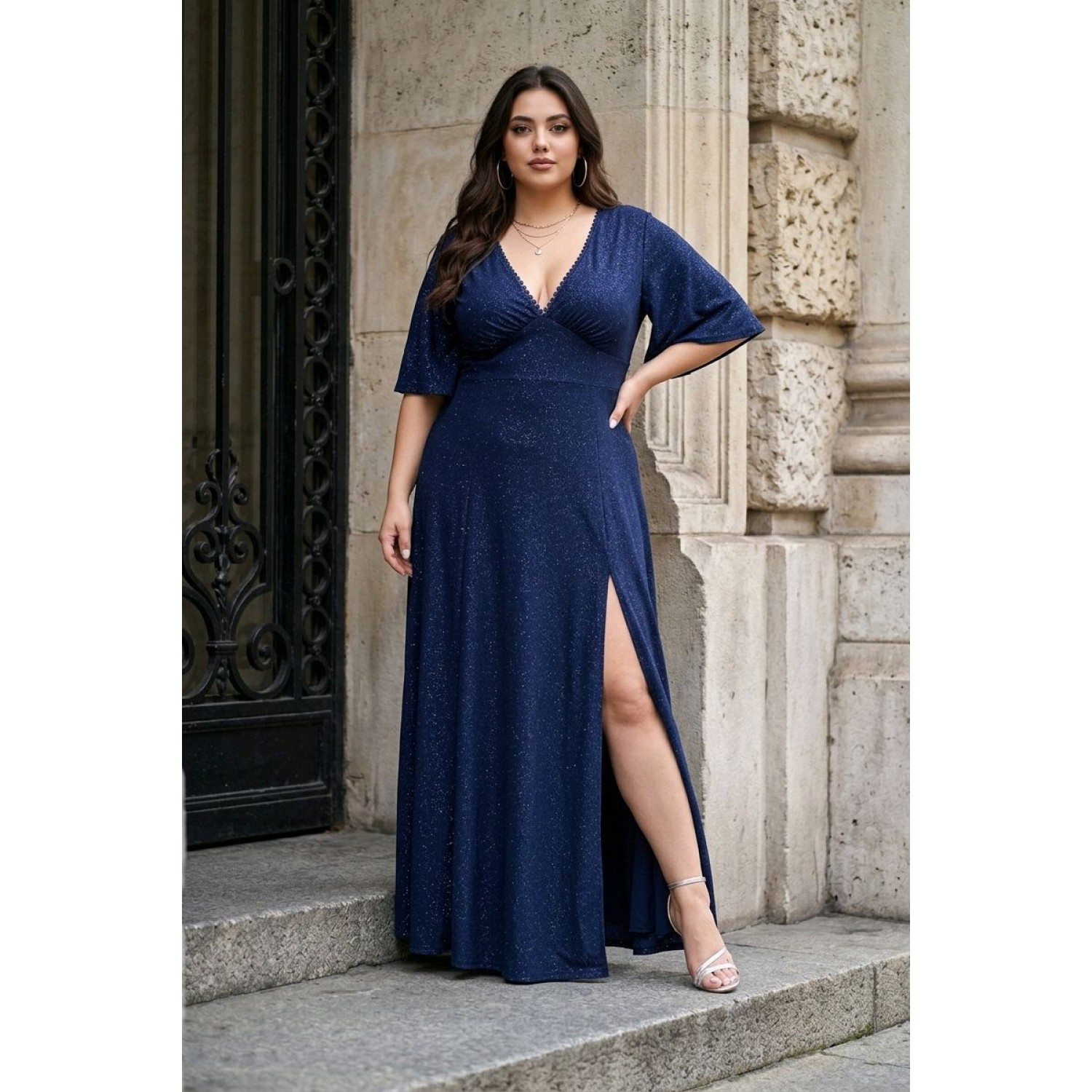 Plus Size Φόρεμα Ελαστικό Glitter Μπλε