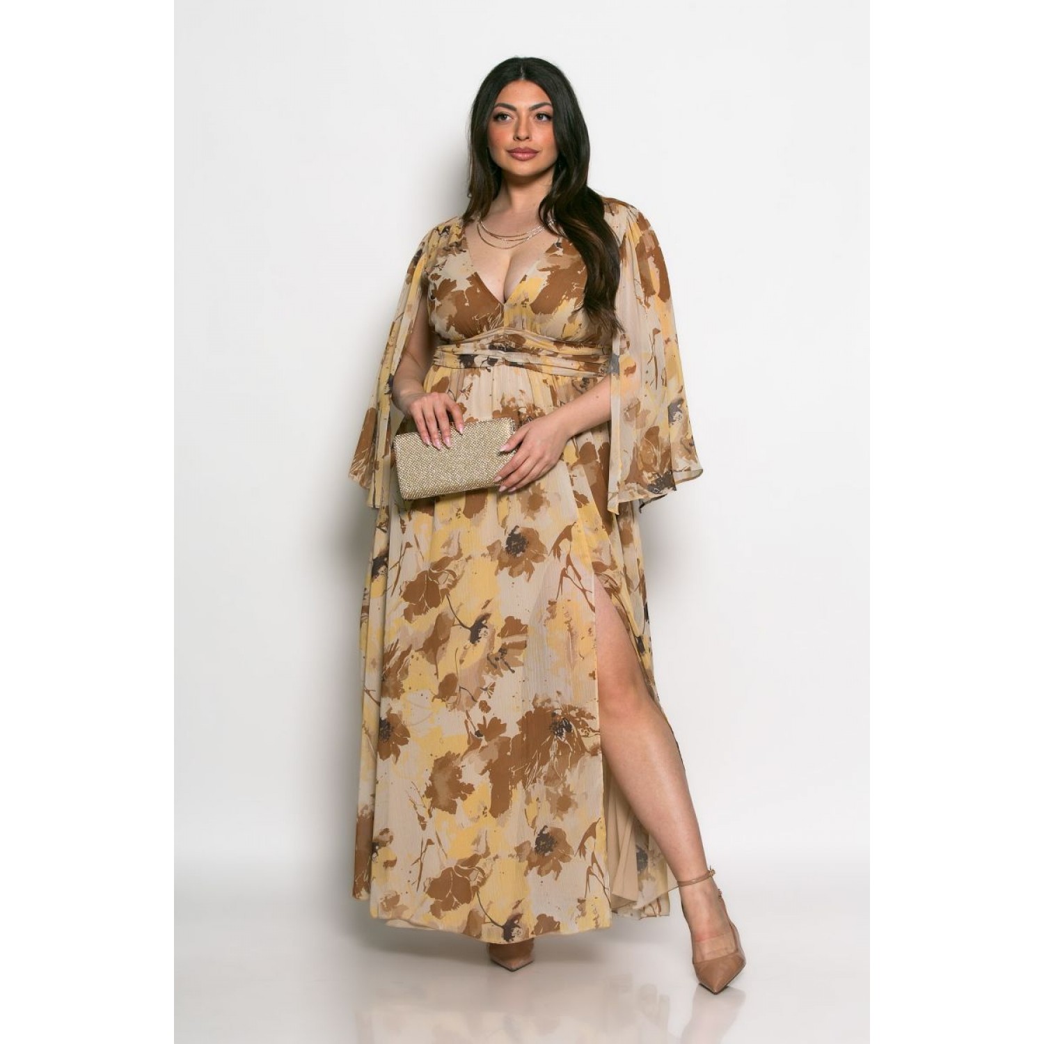 Plus Size Φόρεμα Amaretto Κίτρινο Καφέ