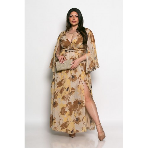 Plus Size Φόρεμα Amaretto Κίτρινο Καφέ