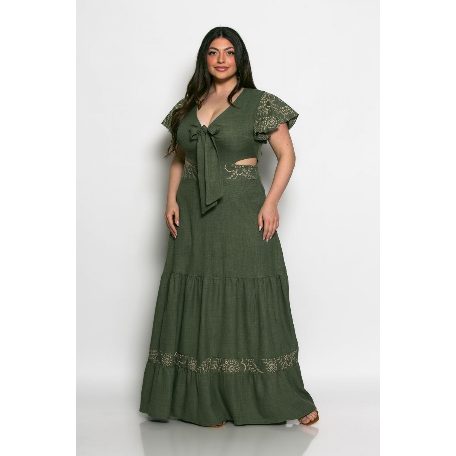 Plus Size Φόρεμα Με Κέντημα Χακί