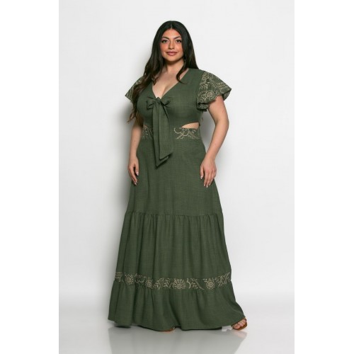 Plus Size Φόρεμα Με Κέντημα Χακί