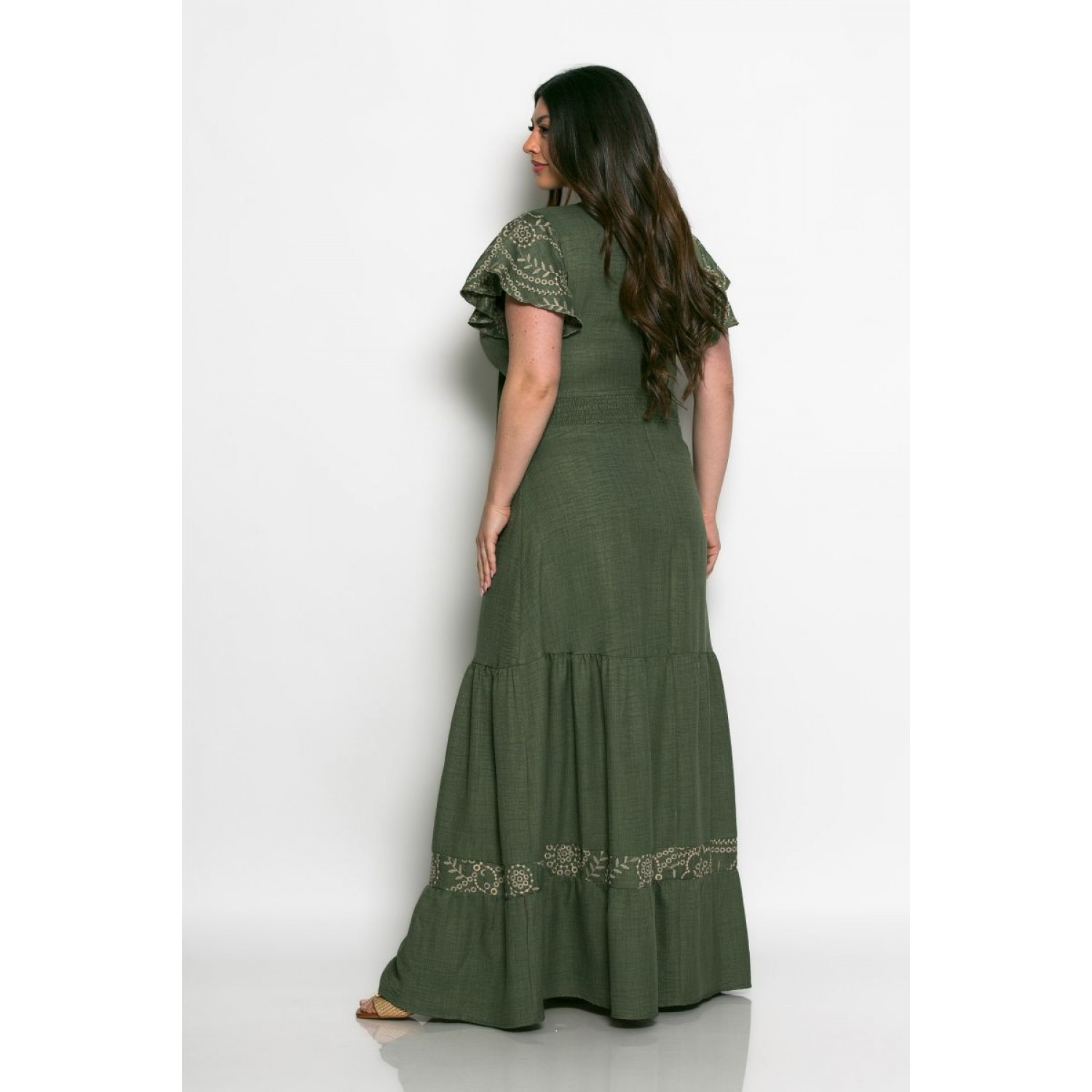 Plus Size Φόρεμα Με Κέντημα Χακί