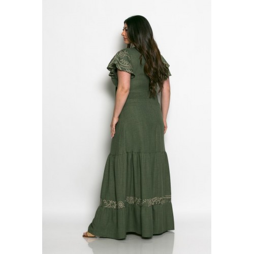 Plus Size Φόρεμα Με Κέντημα Χακί