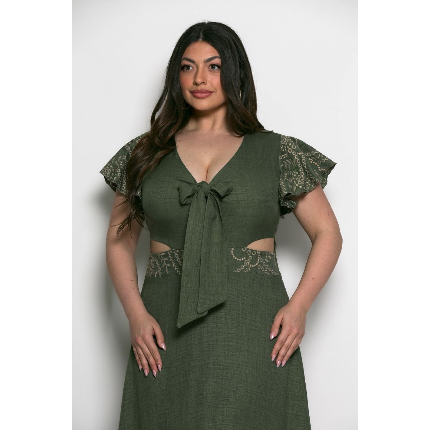 Plus Size Φόρεμα Με Κέντημα Χακί