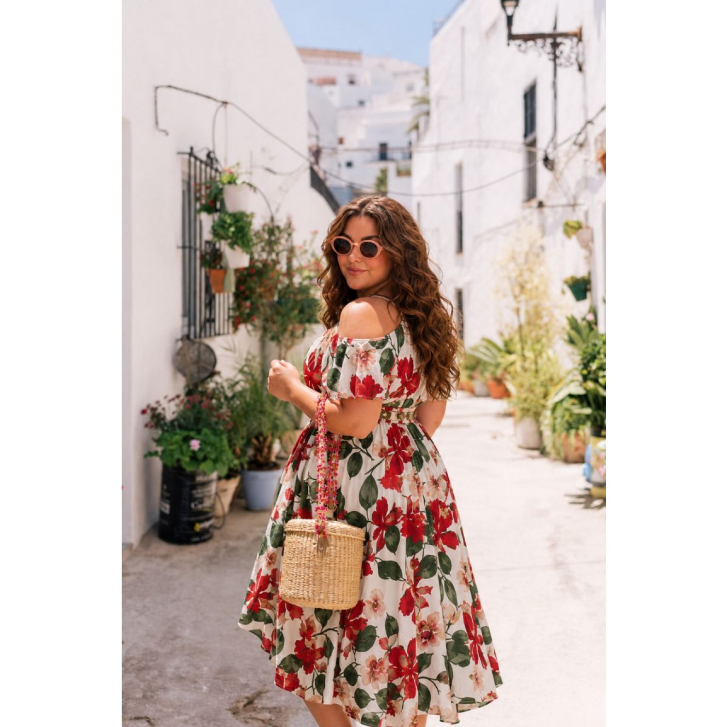 Plus Size Φόρεμα Κρουαζέ Κόκκινο Μπεζ