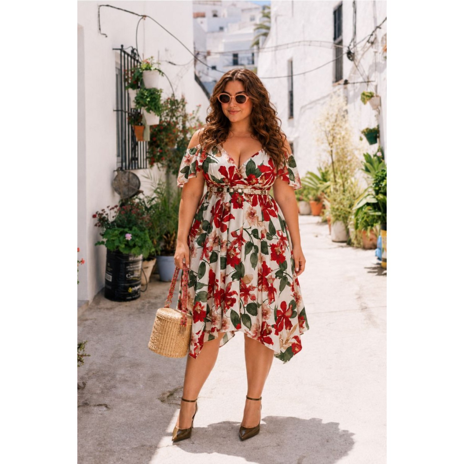 Plus Size Φόρεμα Κρουαζέ Κόκκινο Μπεζ
