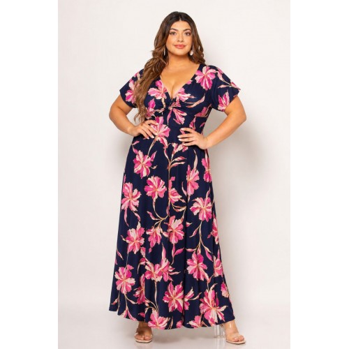 Plus Size Φόρεμα Grapefruit Μπλε Λουλούδια