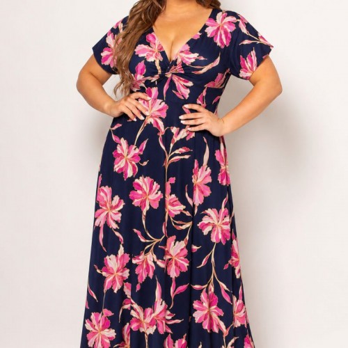 Plus Size Φόρεμα Grapefruit Μπλε Λουλούδια