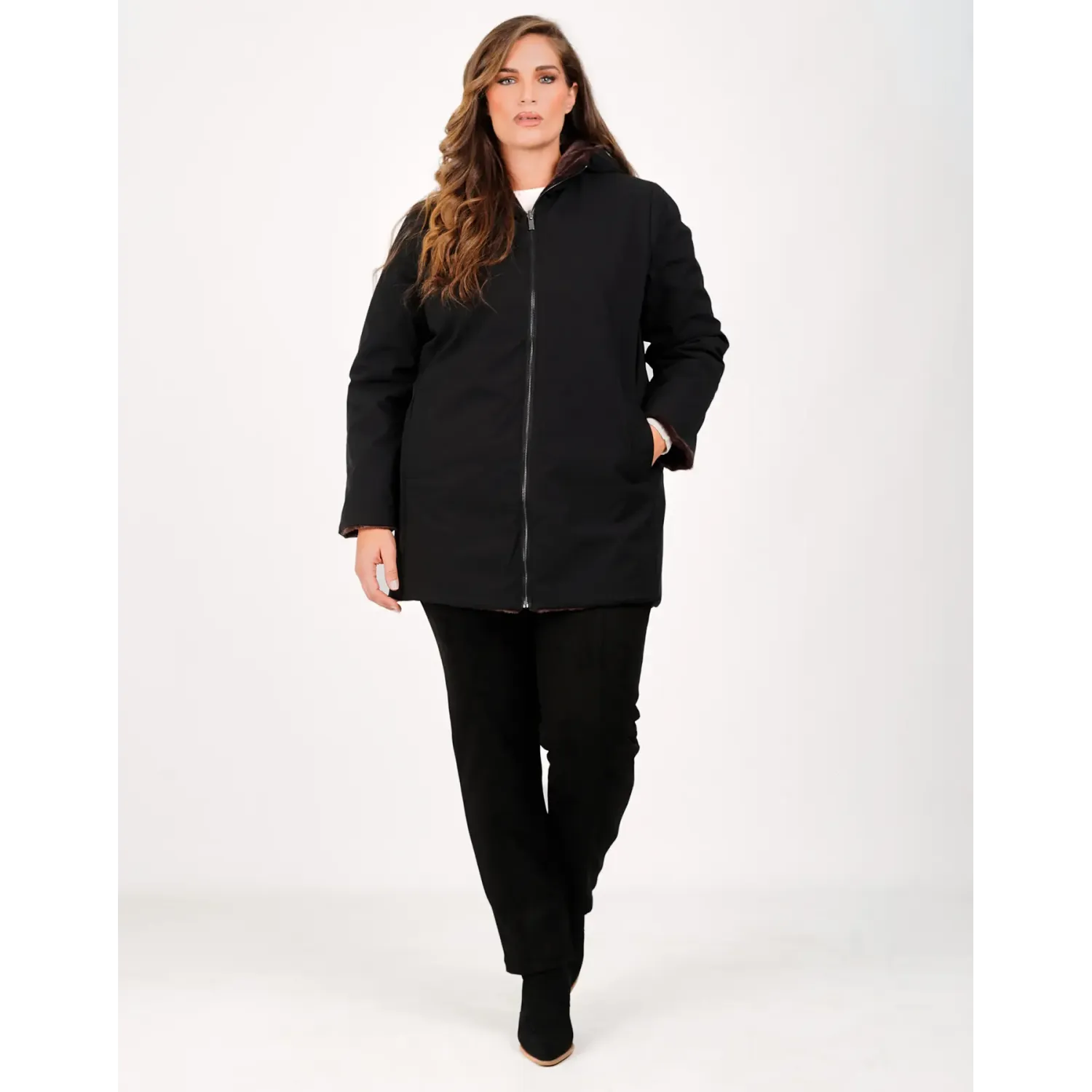 Plus Size Μπουφάν Double Face Μαύρο Ή Καφέ Γούνα