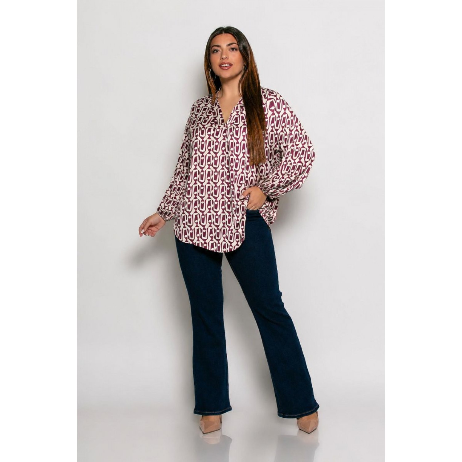 Plus Size Μπλούζα Satin Μπεζ Μπορντό