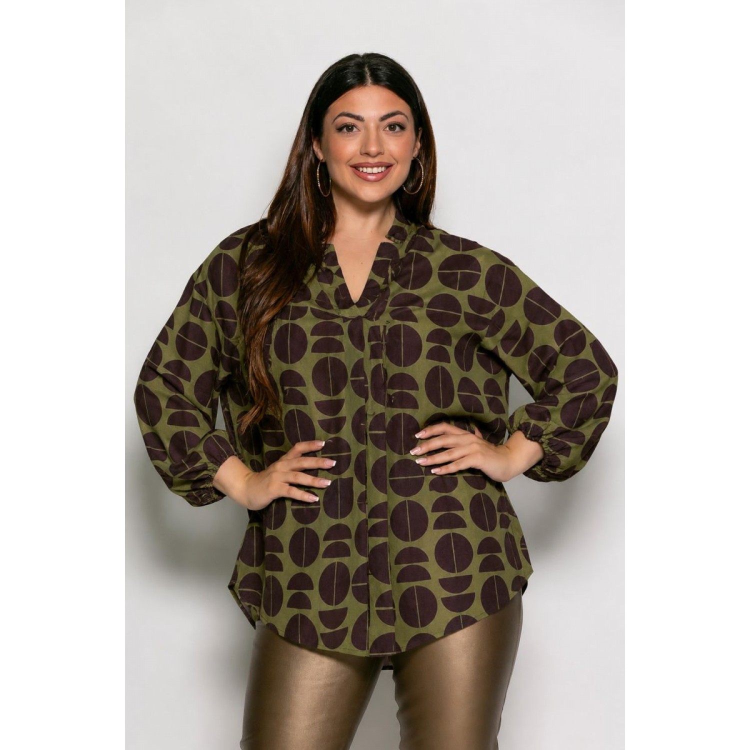 Plus Size Μπλούζα Satin Olive Καφέ