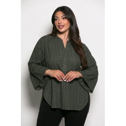 Plus Size Μπλούζα Μπροντερί Χακί