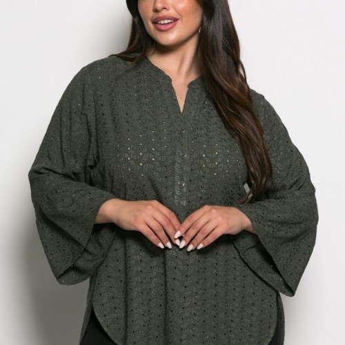 Plus Size Μπλούζα Μπροντερί Χακί