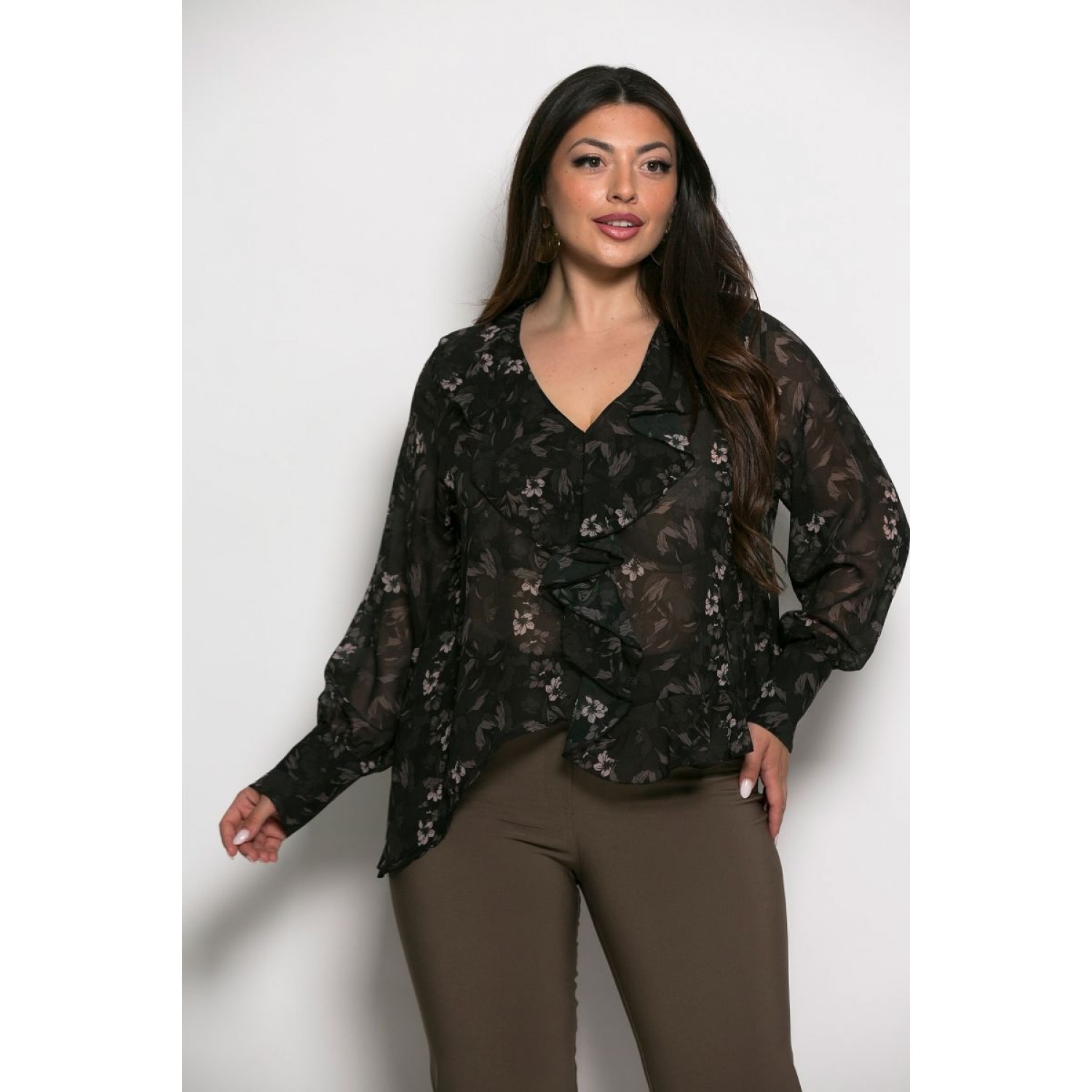 Plus Size Μπλούζα Με Βολάν Μαύρο Λουλούδια