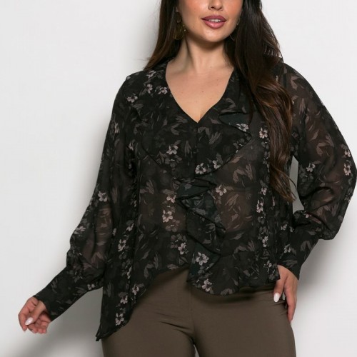 Plus Size Μπλούζα Με Βολάν Μαύρο Λουλούδια