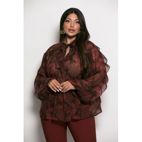 Plus Size Μπλούζα Με Βολάν Μπορντώ Χακί