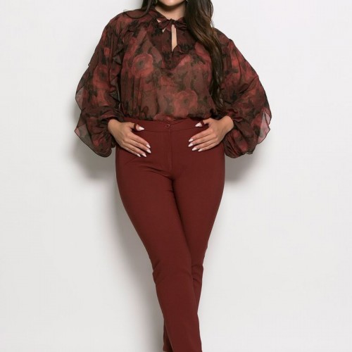 Plus Size Μπλούζα Με Βολάν Μπορντώ Χακί