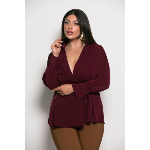 Plus Size Μπλούζα Κρουαζέ Μπορντώ