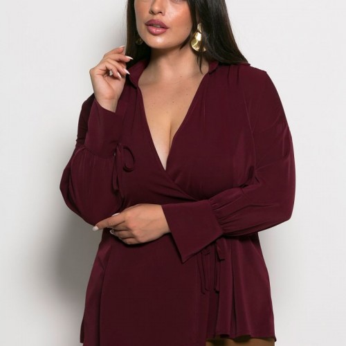 Plus Size Μπλούζα Κρουαζέ Μπορντώ