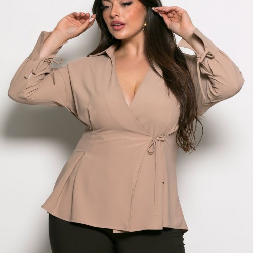 Plus Size Μπλούζα Κρουαζέ Μπεζ