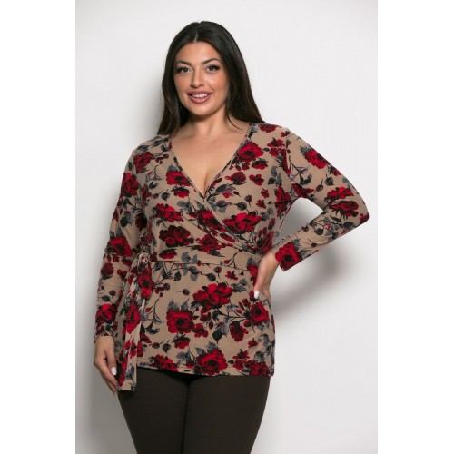Plus Size Μπλούζα Κρουαζέ Πούρο Λουλούδια